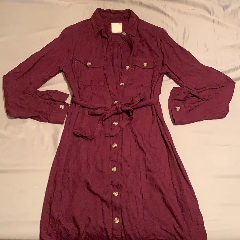 Maroon long sleeve button up dress with belt